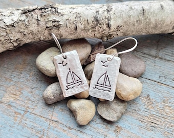 Sailboat, Sailing Earrings, hand-stamped pewter