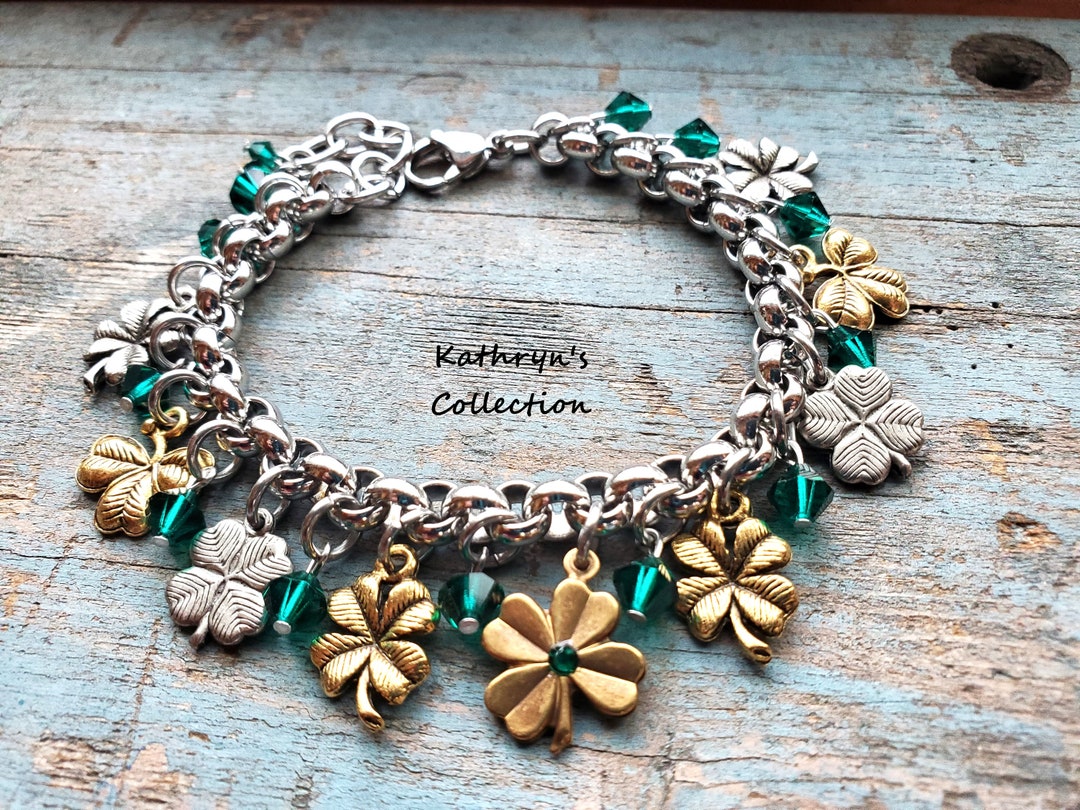 Irish Charm Bracelet, Four Leaf Clover Bracelet, Shamrock Bracelet, St