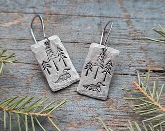 Loon Earrings, hand-stamped pewter
