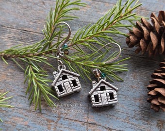 Log Cabin Earrings, antique pewter