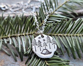 Camping Tent Necklace, hand-stamped pewter