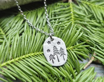 Pine Tree Necklace, hand-stamped pewter