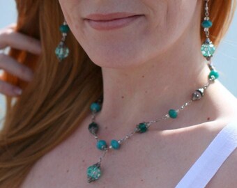 Beautiful Teal Crystal Necklace and Earring Set Recycled Materials