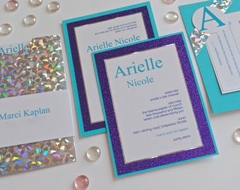 Bat Mitzvah Invitation - Turquoise Invitation - Glitter Invitation - Birthday Invitation - Sweet 16 Invitation - Quinceañera Invitation