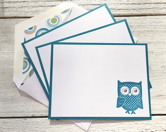 Owl Note Cards, Personalized Note Cards, Flat Note Cards, Thank You Cards, Personalized Stationery, Set of 8