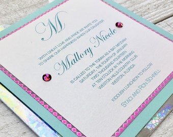 Bat Mitzvah Invitations - Birthday Invitation - Glitter Invitations - Turquoise Invitation - Sweet 16 Invitation - Quinceañera Invitation