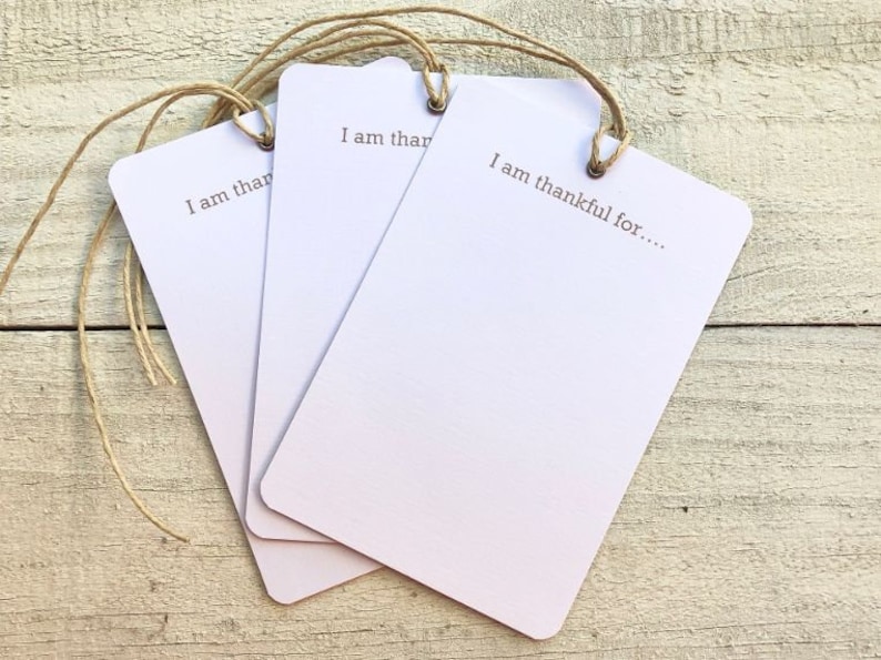 May include: Three white gift tags with twine attached. The tags have the text "I am thankful for..." printed on them.