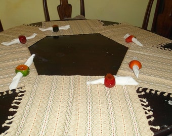 Six Guatemalan huipil Hand Made Individual Beige Table Cloths with Napkins and Wooden Fruit Decoration