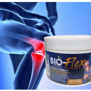 May include: A white tub of Bio-Flex supplement for healthy joints, with a blue and yellow label. The label lists 5 potent nutrients and features an illustration of a human figure. A blue and red illustration of a knee is in the background.