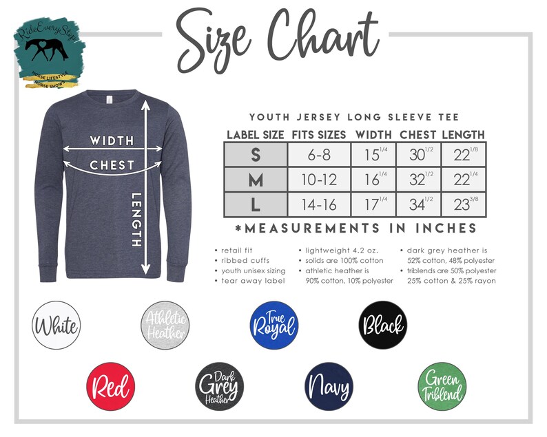 K&ouml;nnte beinhalten: Ein marineblaues Langarm-Jugend-Jersey-T-Shirt mit Gr&ouml;&szlig;entabelle. Die Tabelle zeigt die Ma&szlig;e in Zoll f&uuml;r Breite, Brust und L&auml;nge f&uuml;r die Gr&ouml;&szlig;en S, M und L. Farboptionen sind Wei&szlig;, Athletic Heather, True Royal, Schwarz, Rot, Dark Grey Heather, Navy und Green Triblend.