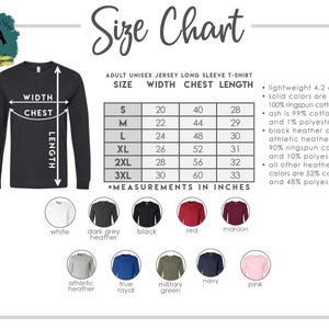 K&ouml;nnte beinhalten: Gr&ouml;&szlig;entabelle f&uuml;r Unisex-Langarm-T-Shirts f&uuml;r Erwachsene. Die Tabelle zeigt die Ma&szlig;e in Zoll f&uuml;r die Gr&ouml;&szlig;en S bis 3XL, einschlie&szlig;lich Breite, Brust und L&auml;nge. Verf&uuml;gbare Farben sind Wei&szlig;, Schwarz, Rot und mehr. Das Shirt ist leicht, 4,2 oz.