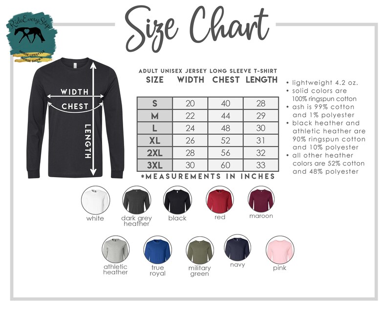 K&ouml;nnte beinhalten: Gr&ouml;&szlig;entabelle f&uuml;r Unisex-Langarm-T-Shirts f&uuml;r Erwachsene. Die Tabelle zeigt die Ma&szlig;e in Zoll f&uuml;r die Gr&ouml;&szlig;en S bis 3XL, einschlie&szlig;lich Breite, Brust und L&auml;nge. Verf&uuml;gbare Farben sind Wei&szlig;, Schwarz, Rot und mehr. Das Shirt ist leicht, 4,2 oz.