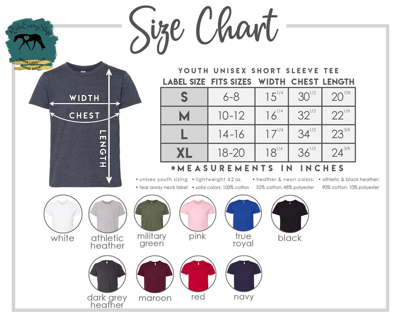 K&ouml;nnte beinhalten: Gr&ouml;&szlig;entabelle f&uuml;r Unisex-T-Shirts mit kurzen &Auml;rmeln f&uuml;r Jugendliche. Die Tabelle enth&auml;lt Ma&szlig;e in Zoll f&uuml;r Breite, Brust und L&auml;nge sowie eine Farbpalette der verf&uuml;gbaren Hemdfarben. Gr&ouml;&szlig;en von S bis XL.