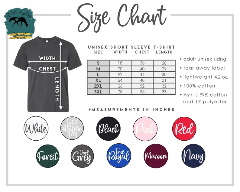 K&ouml;nnte beinhalten: Gr&ouml;&szlig;entabelle f&uuml;r Unisex-T-Shirts mit kurzen &Auml;rmeln. Ma&szlig;e in Zoll f&uuml;r Breite, Brust und L&auml;nge sind angegeben. Verf&uuml;gbare Gr&ouml;&szlig;en reichen von S bis 3XL. Farboptionen sind Wei&szlig;, Athletic Grey, Schwarz, Pink, Rot, Forest, Dark Grey, True Royal, Maroon und Navy.