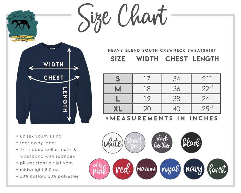 K&ouml;nnte beinhalten: Marineblaues Sweatshirt mit Rundhalsausschnitt f&uuml;r Jugendliche mit Gr&ouml;&szlig;entabelle. Die Tabelle listet die Ma&szlig;e in Zoll f&uuml;r Breite, Brust und L&auml;nge auf. Verf&uuml;gbare Farben sind Wei&szlig;, Sportgrau, Dunkelgrau, Schwarz, Sicherheitsrosa, Rot, Bordeaux, Royal, Marine und Wald.