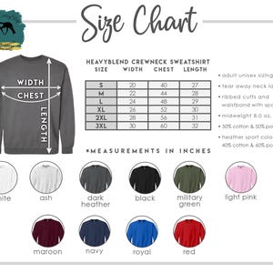 K&ouml;nnte beinhalten: Gr&ouml;&szlig;entabelle f&uuml;r ein Heavyblend Crewneck Sweatshirt, mit Ma&szlig;en in Zoll. Die Tabelle umfasst die Gr&ouml;&szlig;en S bis 3XL, mit Brustma&szlig;en von 101,6 bis 152,4 cm. Farboptionen sind Wei&szlig;, Aschgrau, Schwarz und Rot.