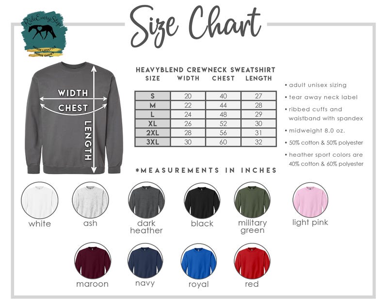 K&ouml;nnte beinhalten: Gr&ouml;&szlig;entabelle f&uuml;r ein Heavyblend Crewneck Sweatshirt, mit Ma&szlig;en in Zoll. Die Tabelle umfasst die Gr&ouml;&szlig;en S bis 3XL, mit Brustma&szlig;en von 101,6 bis 152,4 cm. Farboptionen sind Wei&szlig;, Aschgrau, Schwarz und Rot.