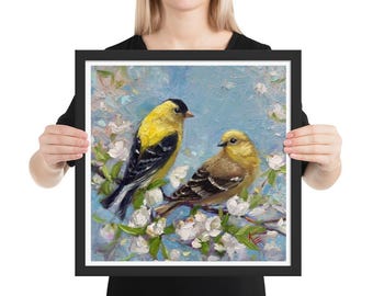 Framed fine art print goldfinch & blossoms original art by Krista Eaton