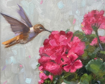 Summer flutter, hummingbird, 10"x10", oil on canvas, Summer, spring, kitchen, krista eaton, candy cane, contemporary, nature, farm, animal