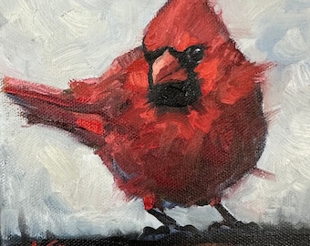 Original oil painting, 6"x6", Cardinal Bird, krista eaton, birds, contemporary, decor