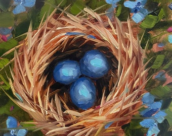 Happy Nest, robin, bird, 6”x6” inches, nature, painting, robin, Mother’s Day, cute, snow, winter, Christmas