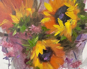 Sunflower Bouquet oil, summer, 16” x 16”,  original, sunflowers, decor, sunflower, still life, krista eaton