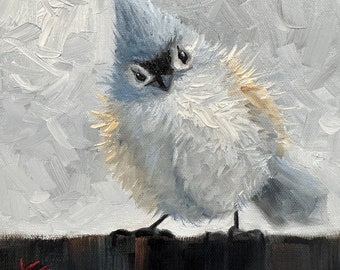 Titmouse, 8”x8” ,oil on canvas, winter, bird, krista eaton, birds, contemporary, blue,
