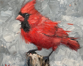 Winter Cardinal, bird, 8” x 8”original oil painting, snow, art, winter, decor, Christmas, Cardinals, Krista eaton