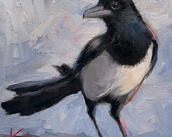 Magpie, 8”x8”, original oil, Krista Eaton, Christmas, birds, bird, animal, raven, spring, art, online, nature