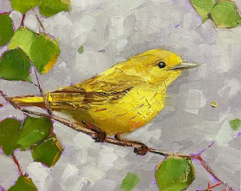 Yellow warbler, 8”x8”, original oil on panel, winter, bird, northern, trees, moss, krista eaton, birds, contemporary, Krista eaton