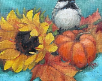 Chickadee & Fall leaves, bird, 8”x8”, inches, nature, painting, robin, cute, snow, winter, Christmas, Cardinal, trees