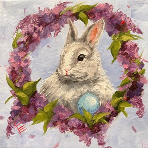 Spring Bunny, original oil painting by Krista Eaton, animals, nature, forest, rabbit, Easter
