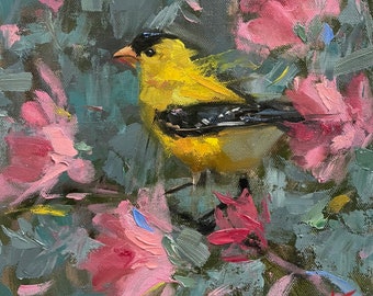 Goldfinch painting 10"x10", original art oil on canvas, Krista eaton