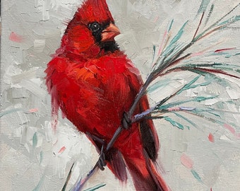 Mr. Red, Cardinal, 10"x10" ,oil on canvas, winter, bird, northern, trees, moss, krista eaton, birds, contemporary, blue, fall, leaves