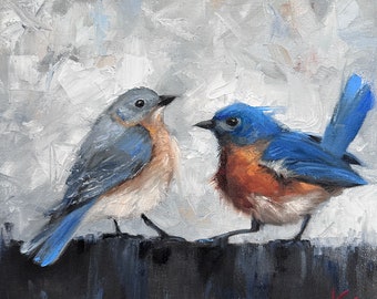 Original oil painting, 12”x12” blue bird, krista eaton, birds, contemporary, decor, nature, Christmas gift