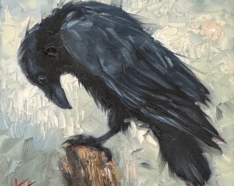 Raven, 8”x8” original oil, painting, Krista Eaton, Decor, birds, bird, art, nature, fall