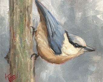 Titmouse, 8”x8” ,oil on canvas, winter, bird, krista eaton, birds, contemporary, blue,