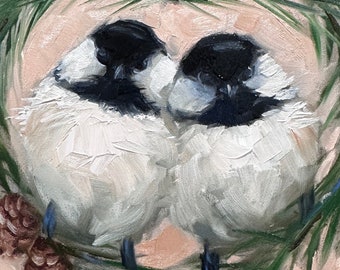 Chickadee, bird, 6x6 inches, nature, painting, winter, Krista eaton, snow, decor, Christmas, art, valentines