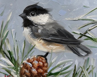 Chickadee, bird, 6x6 inches, nature, painting, winter, Krista eaton, snow, decor, Christmas, art