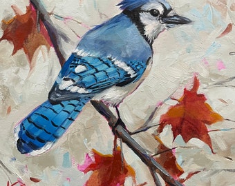 Blue Jay Beauty , 12”x12" ,oil on canvas, winter, bird, northern, trees, moss, krista eaton, birds, contemporary, blue, fall, leaves