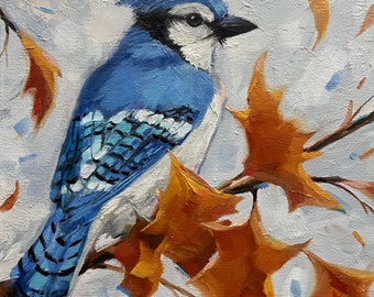 Bluejay , 10”x10”, original oil, Krista Eaton, Christmas, birds, bird, blossoms snow, spring, art, nature, fall, autumn