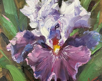 Purple bearded Iris flower painting 6”x6” original oil Krista eaton