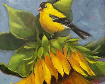 Goldfinch, Sunflower, 12”×12”, original oil, Krista Eaton, summer, birds, bird, Easter, blossoms, spring, art, online, nature