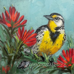 Meadowlark, bird, 8”x8”, original oil, Krista Eaton, floral, flowers, White, spring, art, online, nature, decor, animal, Wyoming