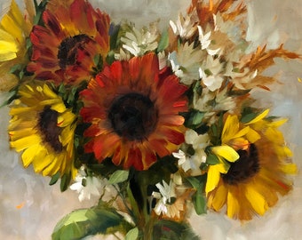 Fall Bouquet oil, autumn, original, tulip, sunflowers, sunflower, still life, krista eaton