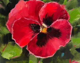 Red Pansy flower painting 6”x6” original oil Krista eaton