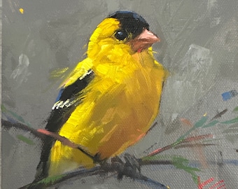 Goldfinch, Sunflower, 6”x6”, original oil, Krista Eaton, summer, birds, bird, spring, art, nature