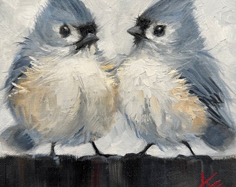 Titmouse, 8”x8” ,oil on canvas, winter, bird, krista eaton, birds, contemporary, blue,