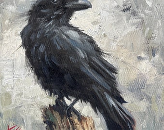 Raven, 8”x8” original oil, painting, Krista Eaton, Decor, birds, bird, art, nature, fall, winter, crow