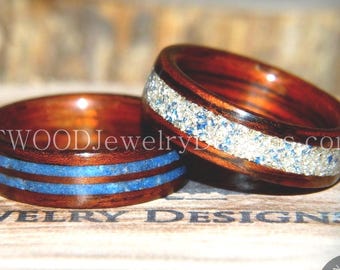 Bentwood Rings - &quot;Blu Coupled&quot; Kingwood with Blue Lapis & Silver/Blue Glass Inlays